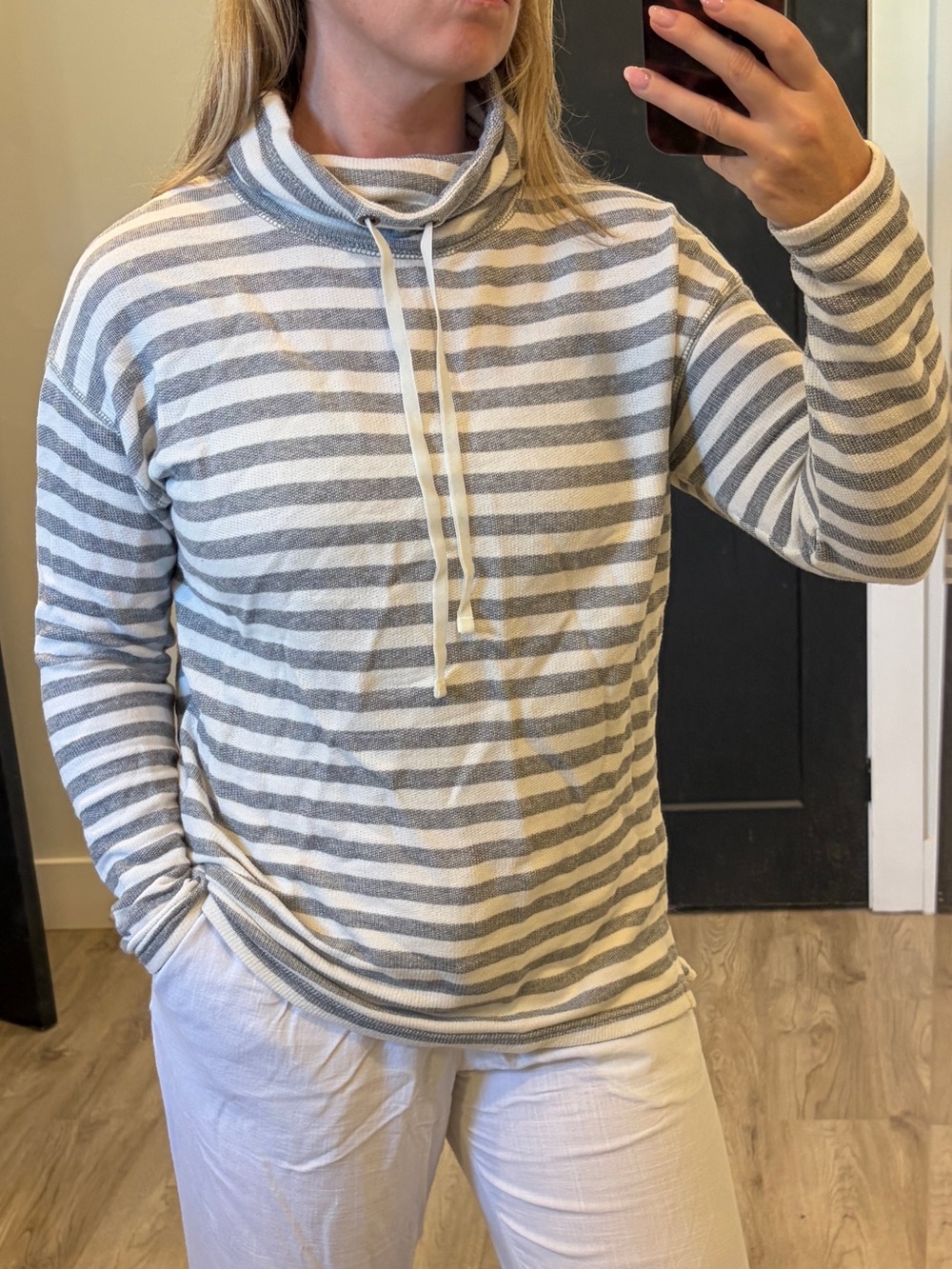 Chaps Gray and Cream Striped Funnel Neck Sweater